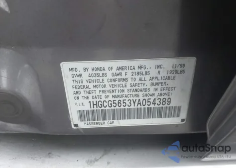 2000 Honda Accord 2.3 Ex from USA, damaged, VIN 1HGCG5653YA054389